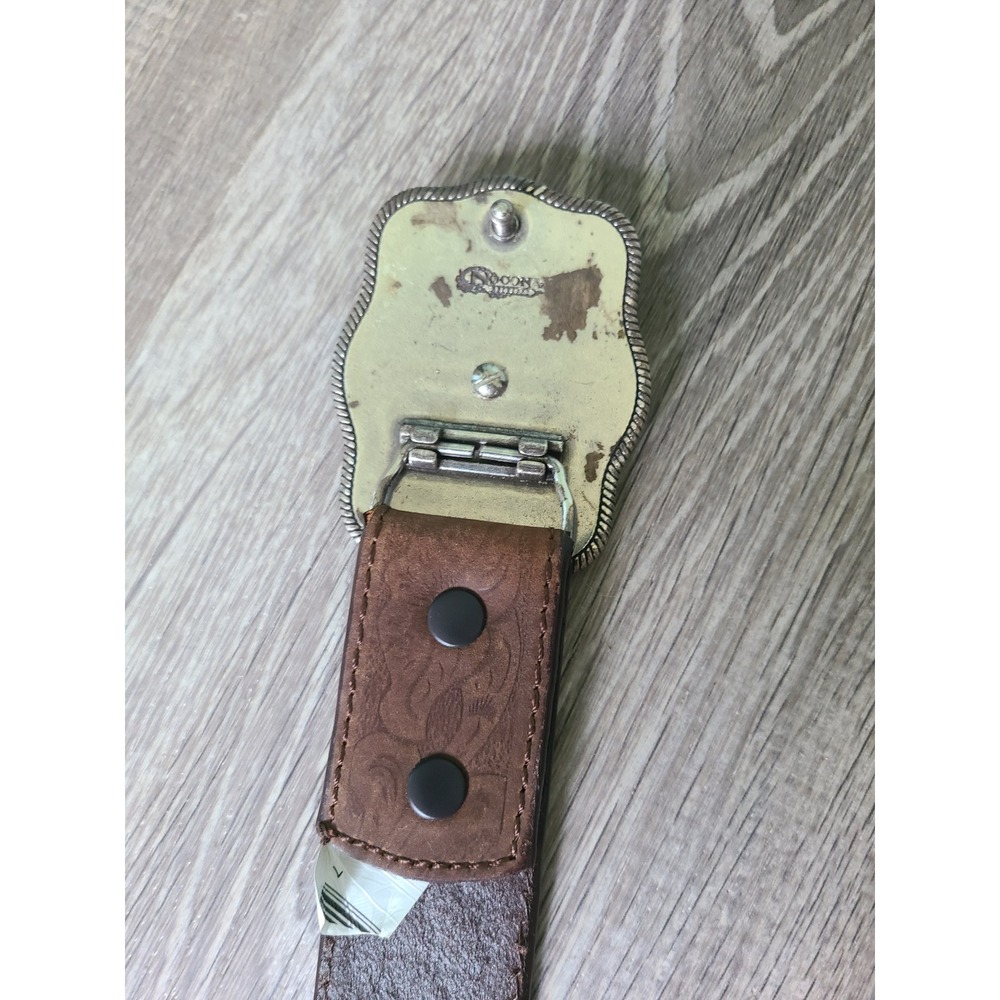 Nocona Embossed Floral Brown Leather Belt Silver Rodeo Bull Rider Stamped Buckle - Picture 7 of 9
